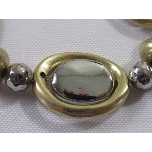 2 Tone Stretch Wrist Bracelet 6 3/4" Minimalist Neutral Oval Bead Disc Station - Picture 4 of 4